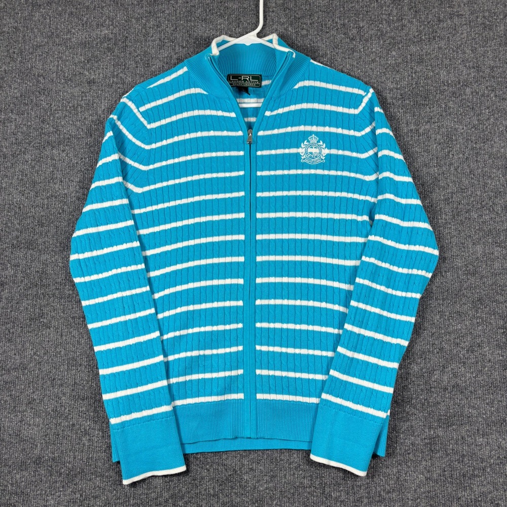 Lauren Active Ralph Lauren Cable Knit Zip Sweater Womens XL Turquoise Stripe